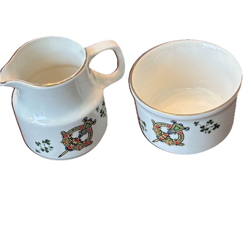 Carrigaline Pottery Creamer Sugar Set Vintage Ireland Celtic Shield Tara Brooch